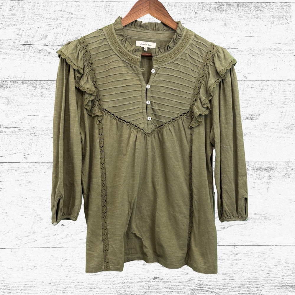 Another Love Green Ribbed Ruffled Blouse with Mandarin Collar
